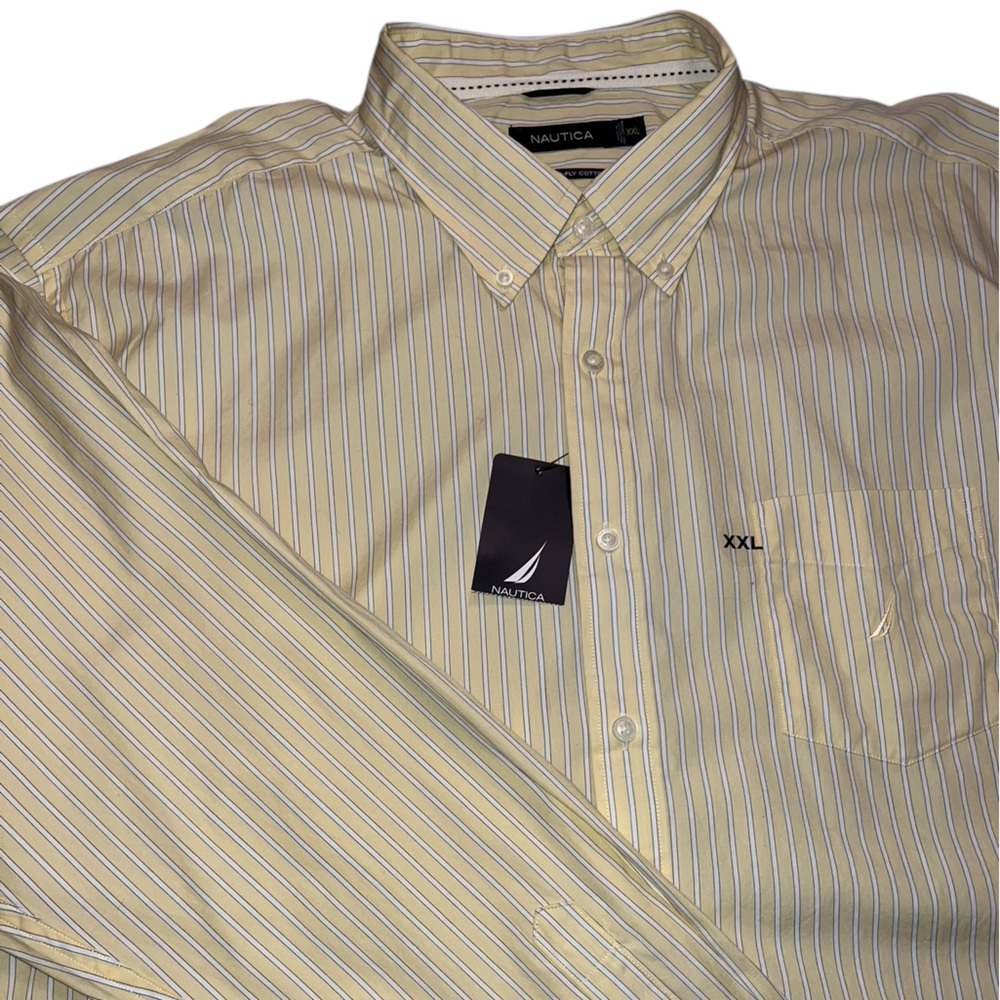 Nautica Men’s Button Up Shirt Yellow Stripe 80’s Two-Ply Cotton XXL